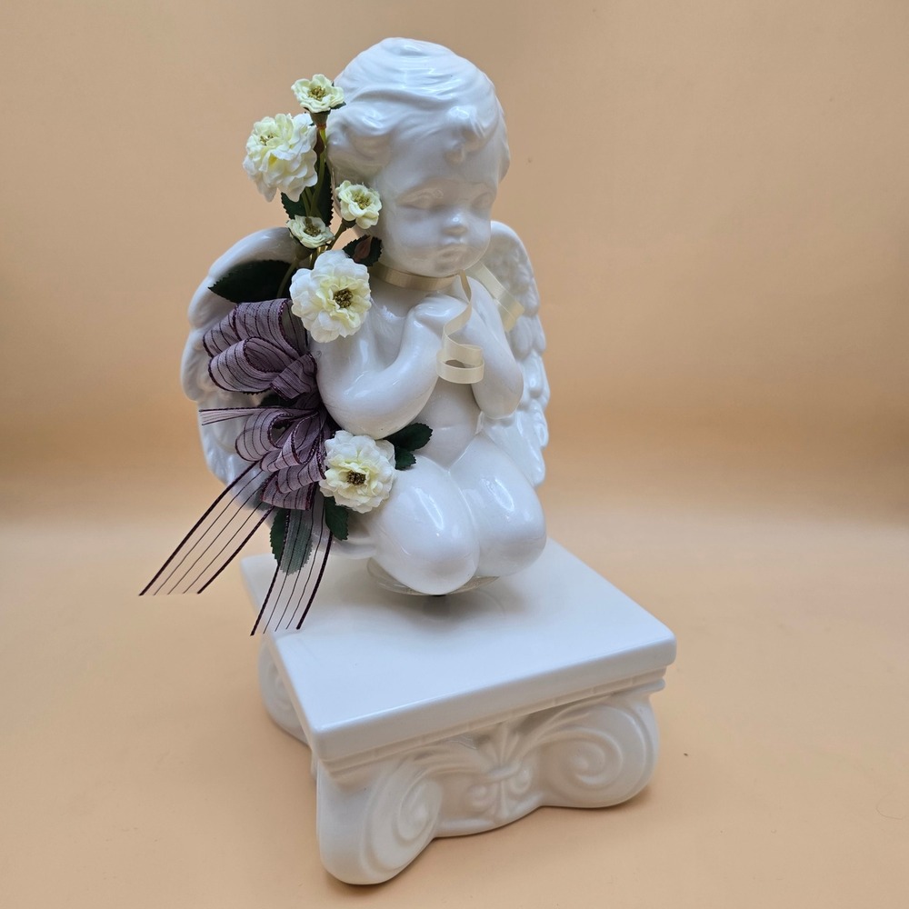 Vintage White Ceramic Rotating Cherub Angel Figurine on Pedestal with Flowers - Picture 10 of 16